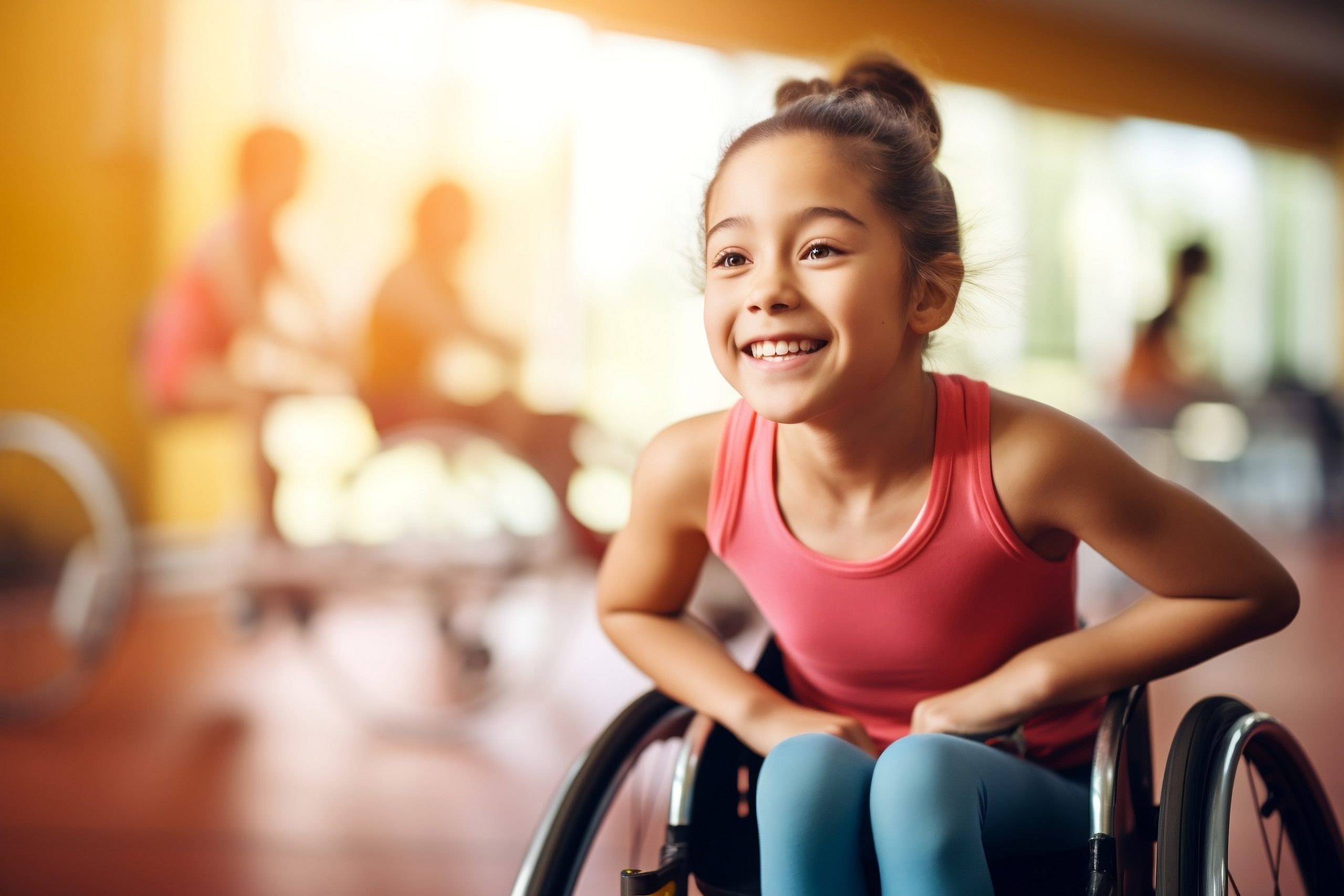 Happy disabled diverse young girl in a wheelchair doing sport